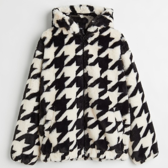 NEW H&M Teddy Faux Fur Houndstooth Star Bomber Jacket Black White Size S Hoodie - Picture 6 of 6